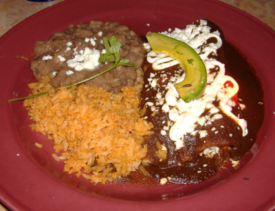 enchiladas de mole, rice and beans, image courtesy of www.ocmexfood.com